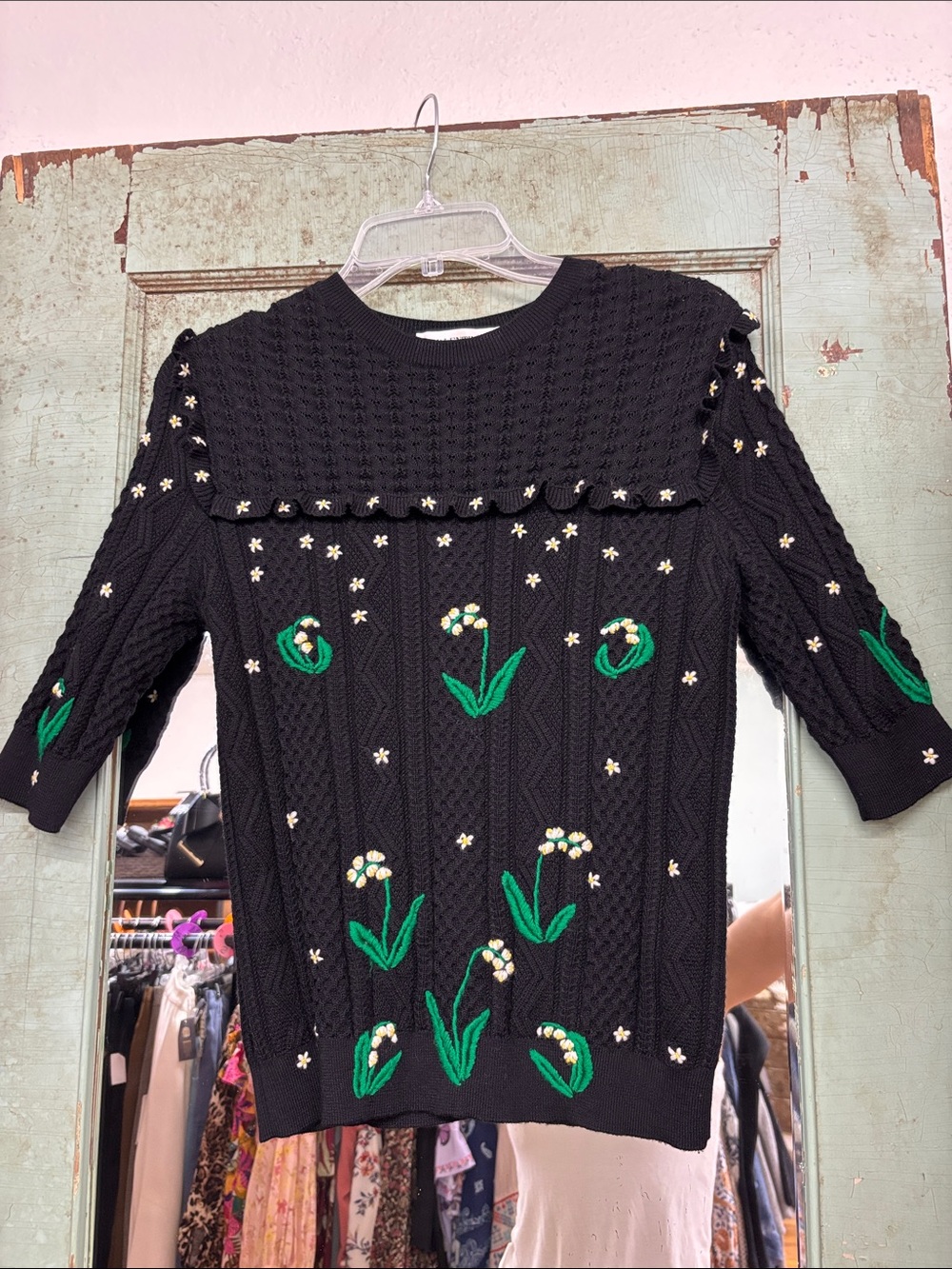 Valentino wool Black Cable-Knit Sweater with Floral Embroidery size S